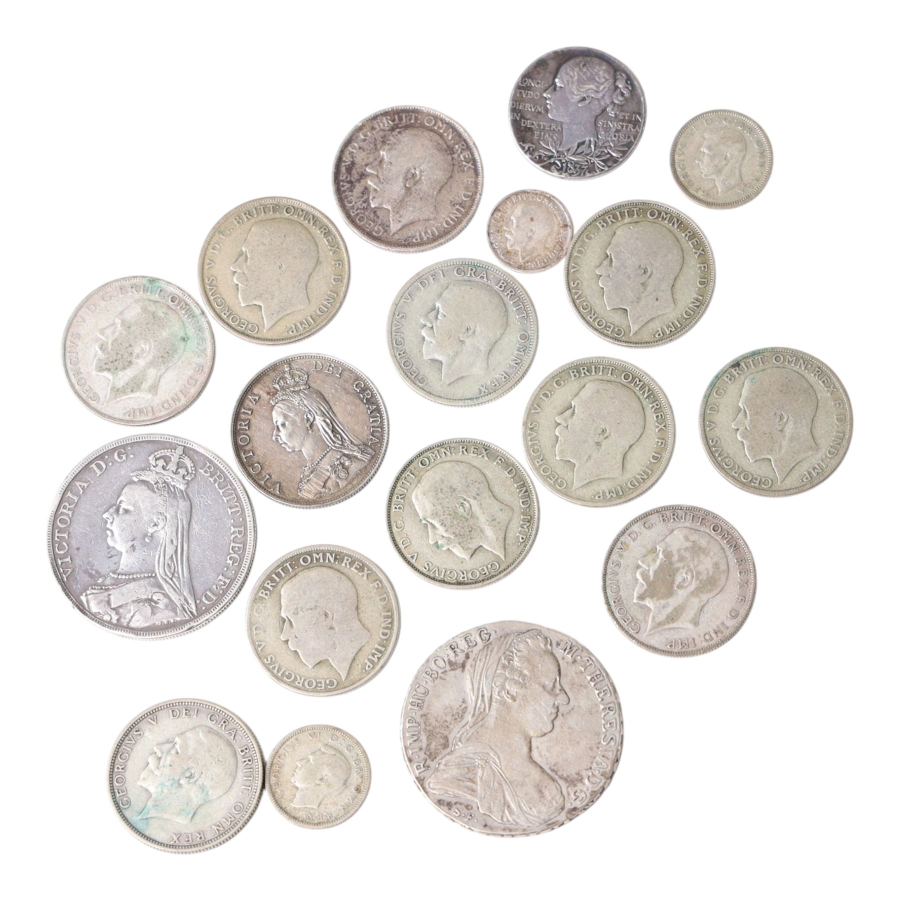Approximately 51 grams of Great British pre-1920 and approximately 115 grams of Great British pre-1947 silver coins, together with a Maria Theresa silver thaler and a Queen Victoria medallion