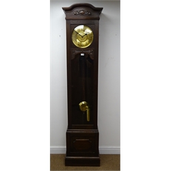  1920's oak long case clock with circular brass Arabic dial, twin brass weight driven movement striking the half hours on rods, convex and shaped glazed door on plinth base, H212cm  