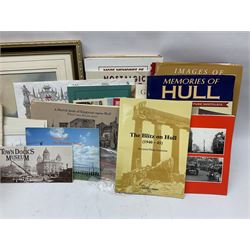 W. Marshall (20th century) - Town Dock Hull; watercolour; gilt frame; two Amy Johnson enamelled brooches as aircraft and Amy Johnson medallion; and quantity of books and booklets of Hull interest