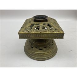 Collection of victorian and later brass desk accessories, to include a letter holder with cherub design, ink well of square form with hinged lid, brass table bell, brass casket with relief decoration, etc  