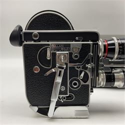Bolex H16 Reflex camera body, serial no. 136928, with 'Macro-Switar 1:1.9 f=75mm' lens, serial no. 1131474, Switar H16 RX 1:1.6 f=10mm' lens, serial no. 1106324, with hard carry case