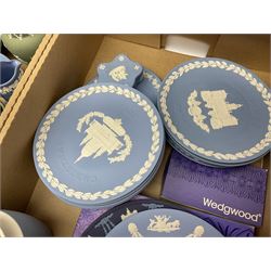 Collection of Wedgwood Jasperware, including coffee pot, Ronson table lighter, large collection of Christmas plates, other trinket boxes, vases and plates, etc 