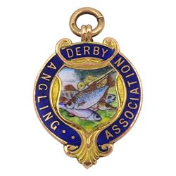 Gold enamel  'Derby Angling Association' medallion, inscribed verso and dated 1921, stamped 9ct