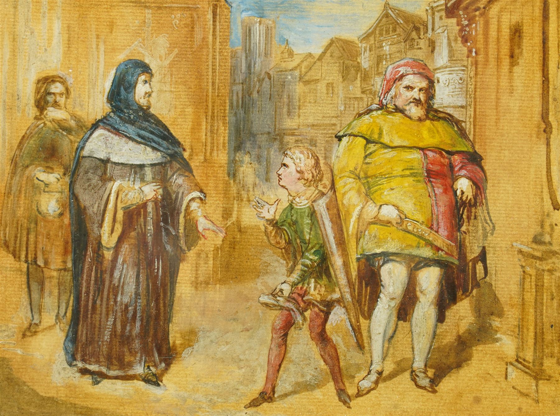 Northern European School (Late 19th century): Medieval Street Scene with Cleric and Boy, watercolour and gouache unsigned 16cm x 21cm
