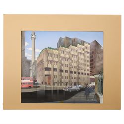 J H McCoy (20th Century): Architectural perspective of Moscow, watercolour heightened with white signed and dated 1989; John S Robinson (British 20th Century): Architectural perspective of a London Building, gouache signed; Architectural perspective of Imperial Chemical Industries Headquarters Slough and an angular interior, two mixed medias unsigned max 54.5cm x 48.5cm (4) (unframed)