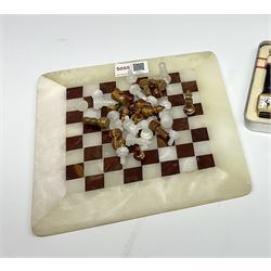 Onyx chess set, W21cm, Mickey Mouse watch in tin, Corgi Rolls Royce Corniche model, Aston Martin model and an onyx dolphin figure 