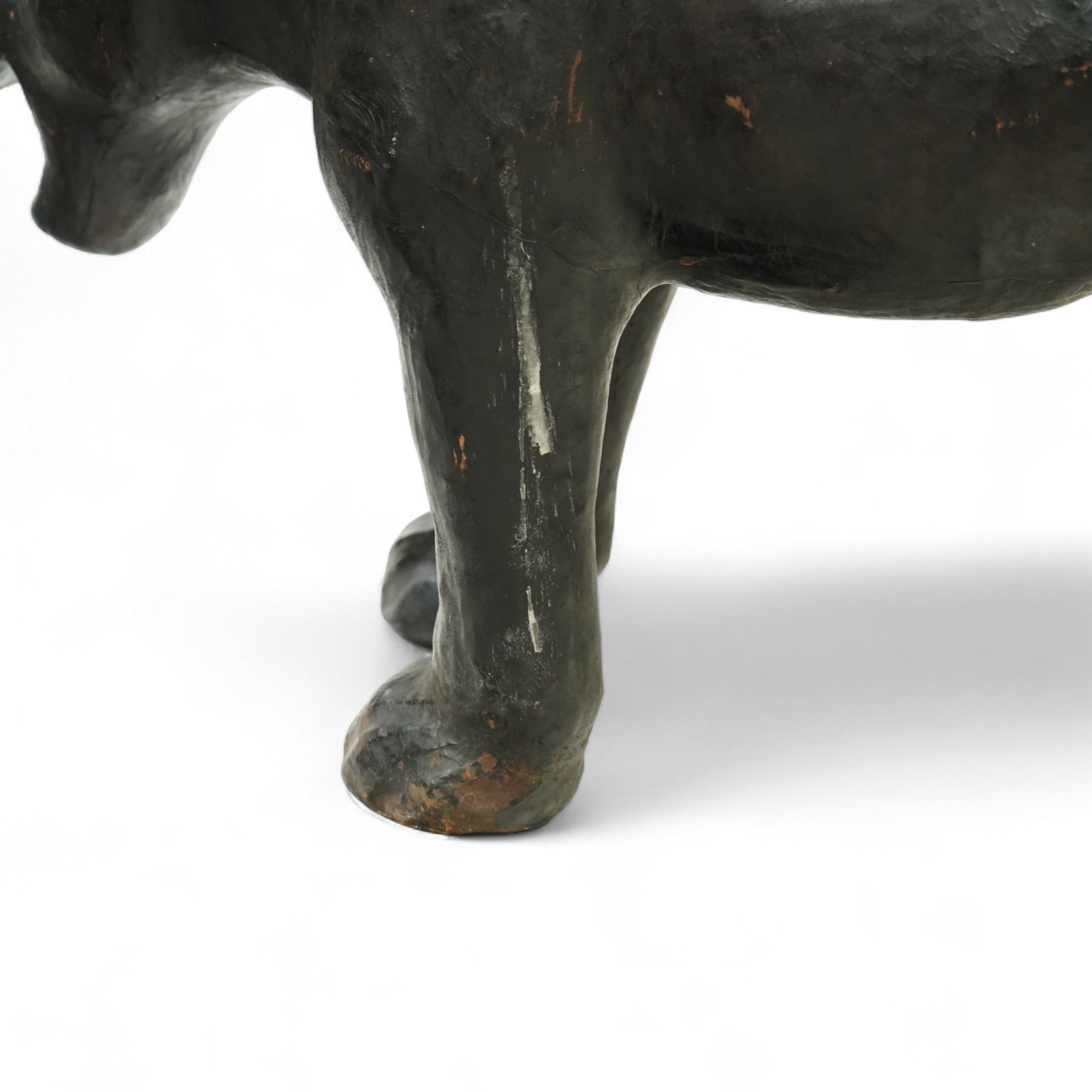 Early 20th century leather-covered decorative model of a Panther in a naturalistic stance, prowling forward with arched back, lowered head, and extended tail, open jaws revealing teeth and fangs with nylon whiskers