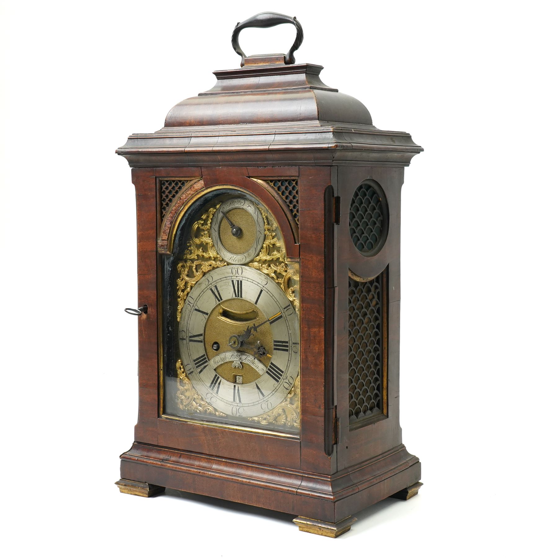 18th century twin fusee bracket clock with recoil anchor escapement the steel and brass dial inscribed Joseph Lake, London with strike silent ring and ormolu spandrels, engraved back plate in caddy top walnut case H47cm