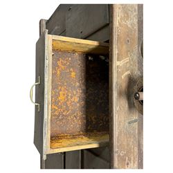 Cabinet with multiple drawers and cupboards mounted with two industrial coffee grinders with large flywheels and brass coffee reservoirs, early 20th century 