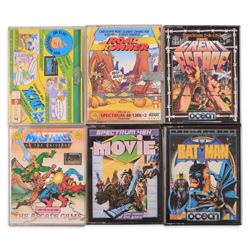 Vintage game consoles, comprising Sinclair ZX Spectrum, Zeon T-800 TV Game and Radofin Programmable Tele-Sports IV, all boxed, with six Spectrum games comprising Road Runner, Jack The Nipper, Batman, The Great Escape, Movie and Masters of the Universe