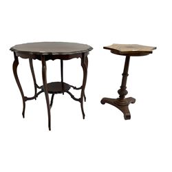 Chippendale design mahogany tea table, round top with shaped scalloped edge, raised on six cabriole supports united by under tier (W75cm H70cm); and early 20th century walnut occasional table, hexagonal top with concave edges raised on pedestal with tripod base (W51cm H72cm) (2)