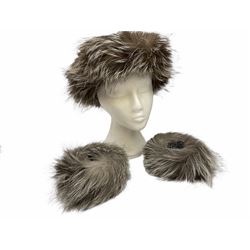 White Saga fox stole, together with Cresta Red fox fur hat, Red fox fur headband, a fur headband and matching cuffs, Harris Tweed clutch bag with fur trim, a fur clutch bag and an Ostrich feather and mohair scarf. 