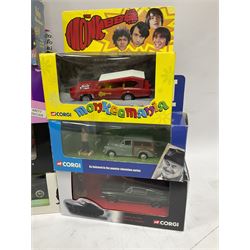 Corgi - sixteen TV/Film related die-cast models including Fawlty Towers, Bullitt, Beatles, Buster, Mr. Bean, Some Mothers,  Monkees, Ballykissangel, Heartbeat, The Avengers, Smokey & The Bandit etc; all boxed (16)