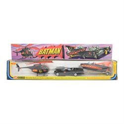 Corgi Batman Gift Set no. 40, comprising Batmobile, Batcopter, Batboat on trailer and twel...
