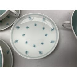 Susie Cooper Whispering Grass pattern dinner wares, to include tureen with cover, six twin handled soup bowls, dinner plates and side plates, etc 