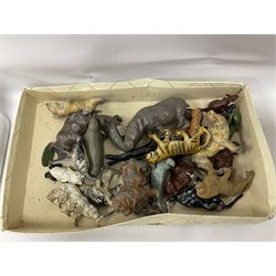 Large quantity of playworn 1950s Britains and other lead figures including farm and zoo animals, horse drawn carts, fencing etc