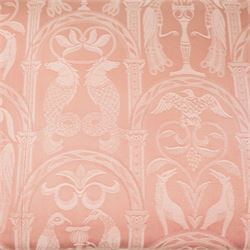 Bylaw of Ross On Wye - 17th-century design oak three-seat hall bench, triple arched panelled back, padded seat upholstered in pink damask fabric, raised on turned baluster legs united and turned front stretcher