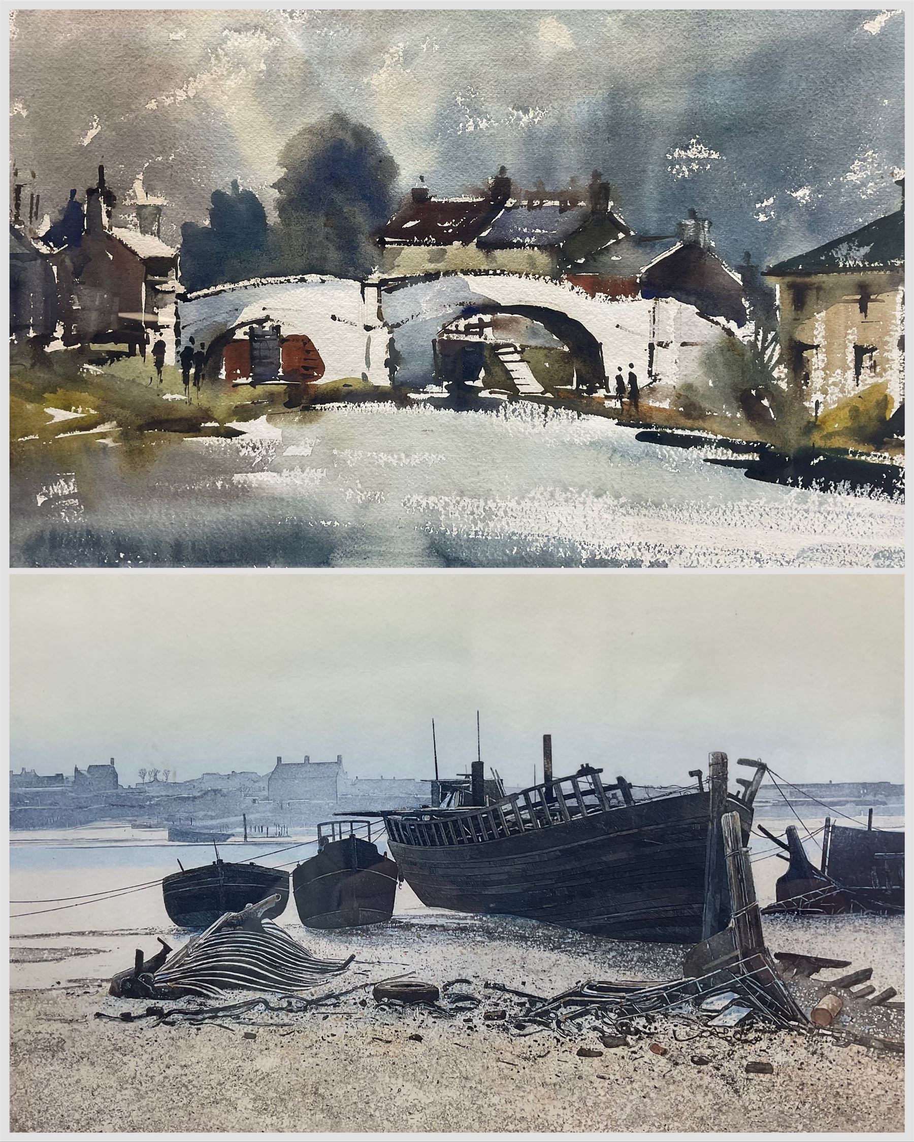 Donald Bosher (British 1912-1977): 'Near Northampton', watercolour, signed and titled verso 35cm x 51cm; Paul Bisson (British 1938-): 'Oulton Broad', limited edition etching signed titled and numbered 112/250 in pencil, 21cm x 30cm (2)