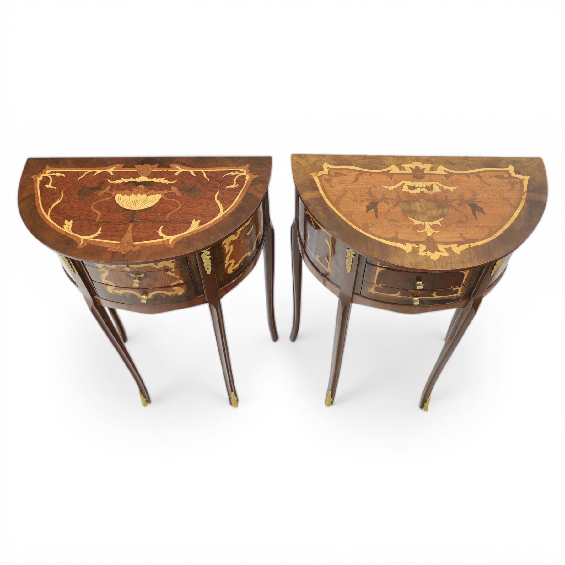 Pair of French style marquetry demi lune bedside tables, inlaid marquetry above three drawers, with applied gilt mounts to the long tapering front supports 