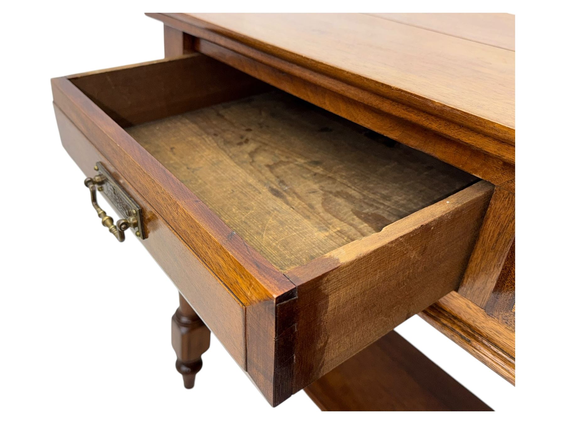 Victorian mahogany side table fitted with two drawers,  rectangular top over two short drawers with moulded facias and brass drop handles, turned front and rear supports joined by an open undertier, on turned feet 