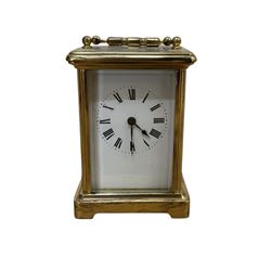 Early 20th century French carriage clock and a 20th century mounted barometer and thermometer, with a 20th century automobile clock inserted in a later mahogany case.