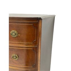 Early to mid-20th century mahogany bow-front chest, fitted with four drawers with oval pierced and pressed handle plates with loop handles, on bracketed plinth base