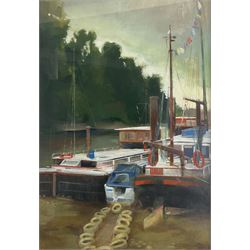 English School (20th century): 'Houseboat Hammersmith' - London, oil indistinctly signed, titled and dated 2002 verso 64cm x 44cm