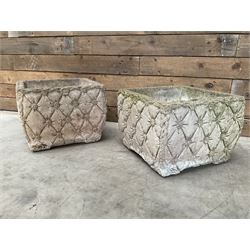 Pair of weathered cast stone square planters, daisy chain detail, one stamped