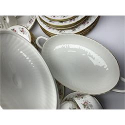 Minton Spring Bouquet pattern dinner and tea service, comprising dinner plates, twin handled tureens with covers, meat platter, teapot, milk jug, sugar bowl with cover, tea cups and saucers, bowls, cake plate, side plates, dessert plates, etc all with printed mark beneath (82)