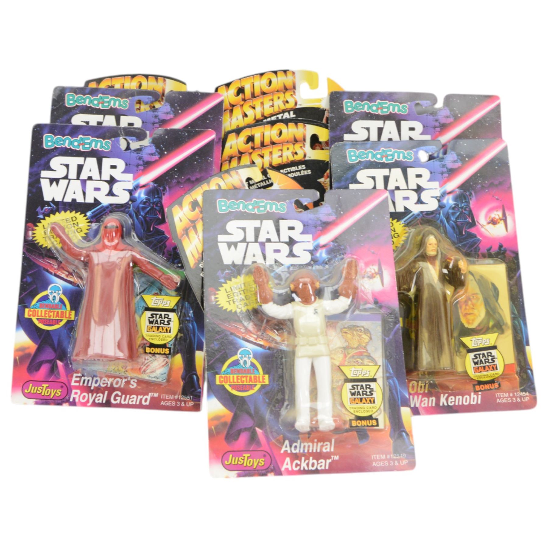 Sealed JusToys Star Wars Darth Vader 20 Piece Carry Case, together with Three JusToys Star Wars Bend-Ems four piece gift sets, each containing four figures and four trading cards, boxed, together with five JusToys Star Wars Bend-Ems carded figures, including Admiral Akbar, Tusken Raider, Lando Calrissian, Emperor's Royal Guard and Obi Wan Kenobi, and four Kenner Action Masters diecast metal collectibles C-3P0, Darth Vader, R2-D2 and Luke Skywalker (13)