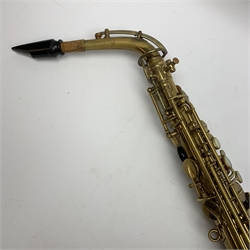 Elkhart 'The Buescher' True-Tone Low Pitch alto saxophone, serial no.147605, in Hiscox Liteflite carrying case with crook