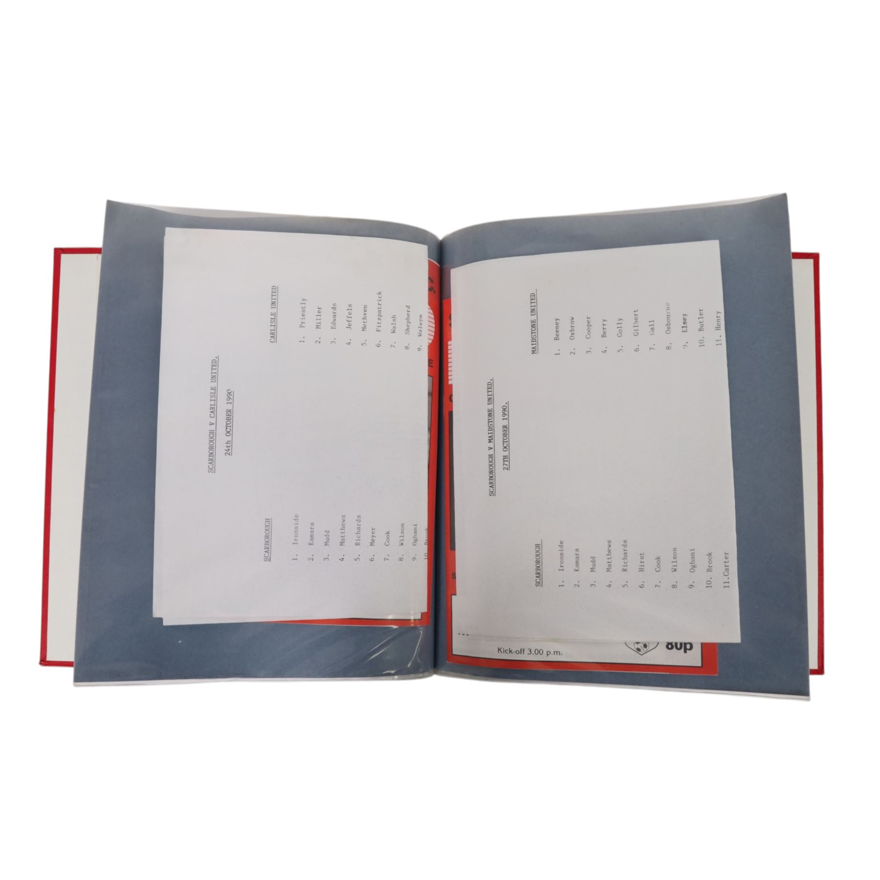 Comprehensive collection of approximately one hundred and seventy Scarborough FC football programmes for the 1990/91, 1991/92 and 1992/93  seasons, all filed within six dedicated Scarborough FC red Home and Away binders