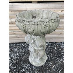 Cast stone planter or bird bath, supported by classical putti on circular base - THIS LOT IS TO BE COLLECTED BY APPOINTMENT FROM DUGGLEBY STORAGE, GREAT HILL, EASTFIELD, SCARBOROUGH, YO11 3TX