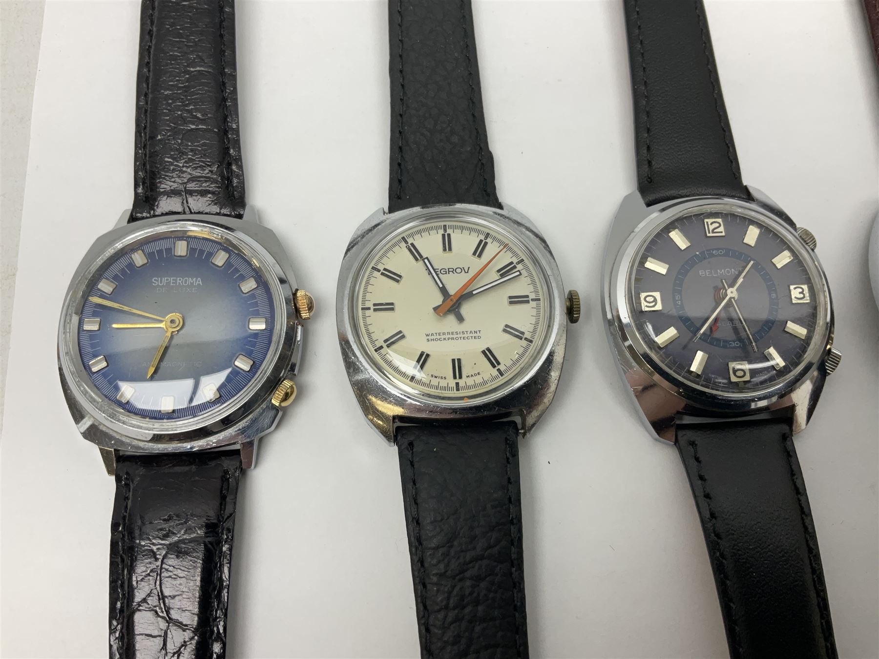 Two automatic wristwatches including Tara and Helbros and six manual wind wristwatches including Memostar alarm, Belmont alarm, Lanco, Tegrov, Superoma De Luxe and Services (8)