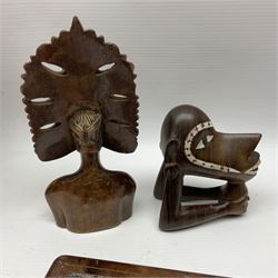 20th century wooden carvings from the Solomon Islands, including female bust in headdress, turtle etc  