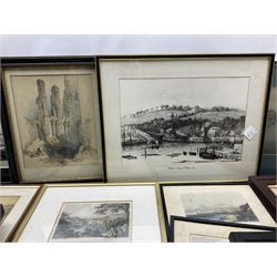 After Francis Pickernell: 'The New Swivel Bridge over the Esk at Whitby', engraving pub. c1835, 22cm x 25cm in original rosewood frame; an interesting collection of prints, engravings and watercolours relating to Whitby (a lot)