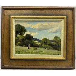 Ernest Higgins Rigg (Staithes Group 1868-1947): 'Haymaking', oil on canvas board signed 22cm x 30cm 
Provenance: exh. Phillips & Sons, The Dower House, Cookham, November '80, label verso