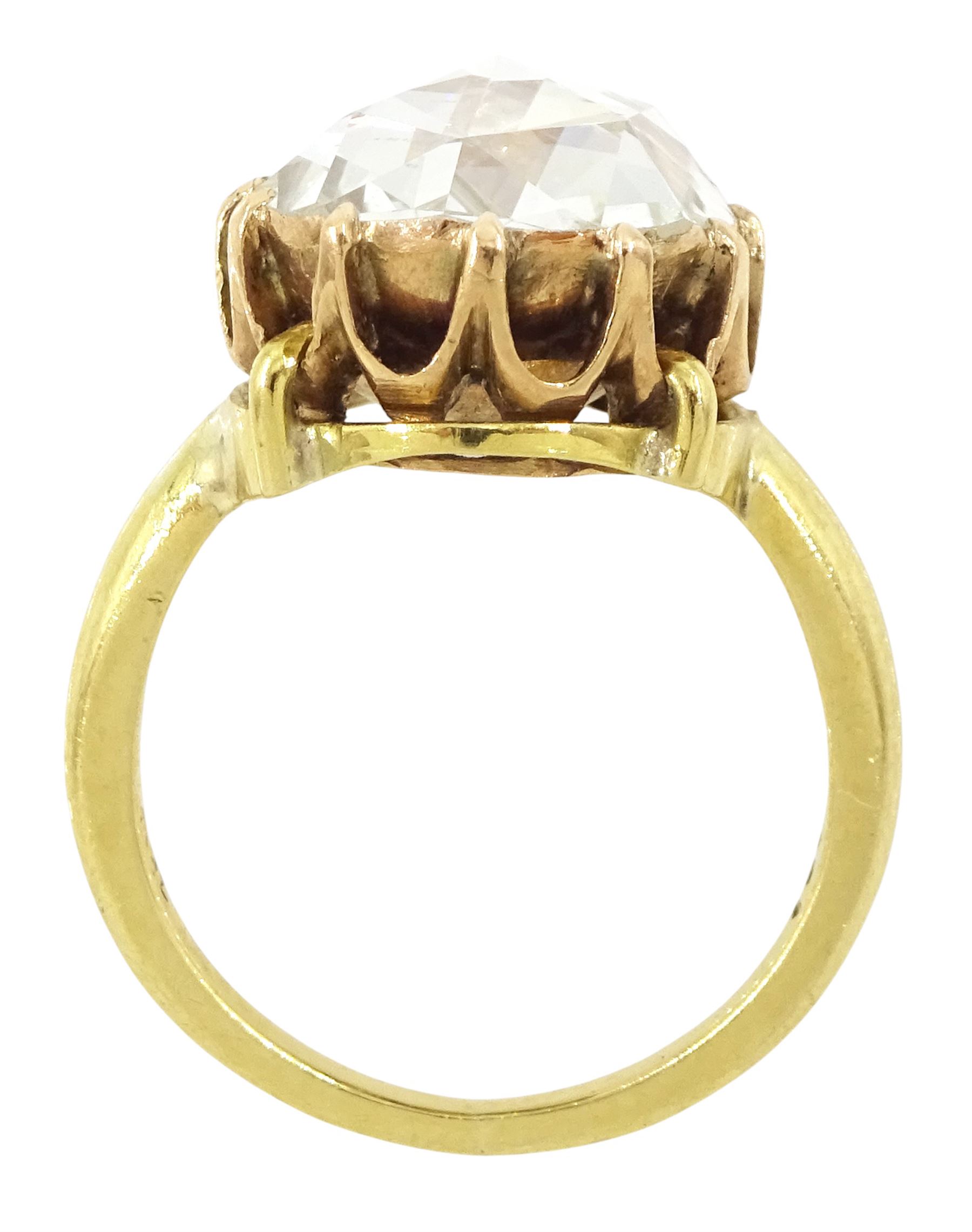 19th century 15ct gold single stone diamond ring, the backed oval rose cut diamond measuring approx 11.13mm x 9.69mm, in a twelve claw setting, in an 18ct gold shank