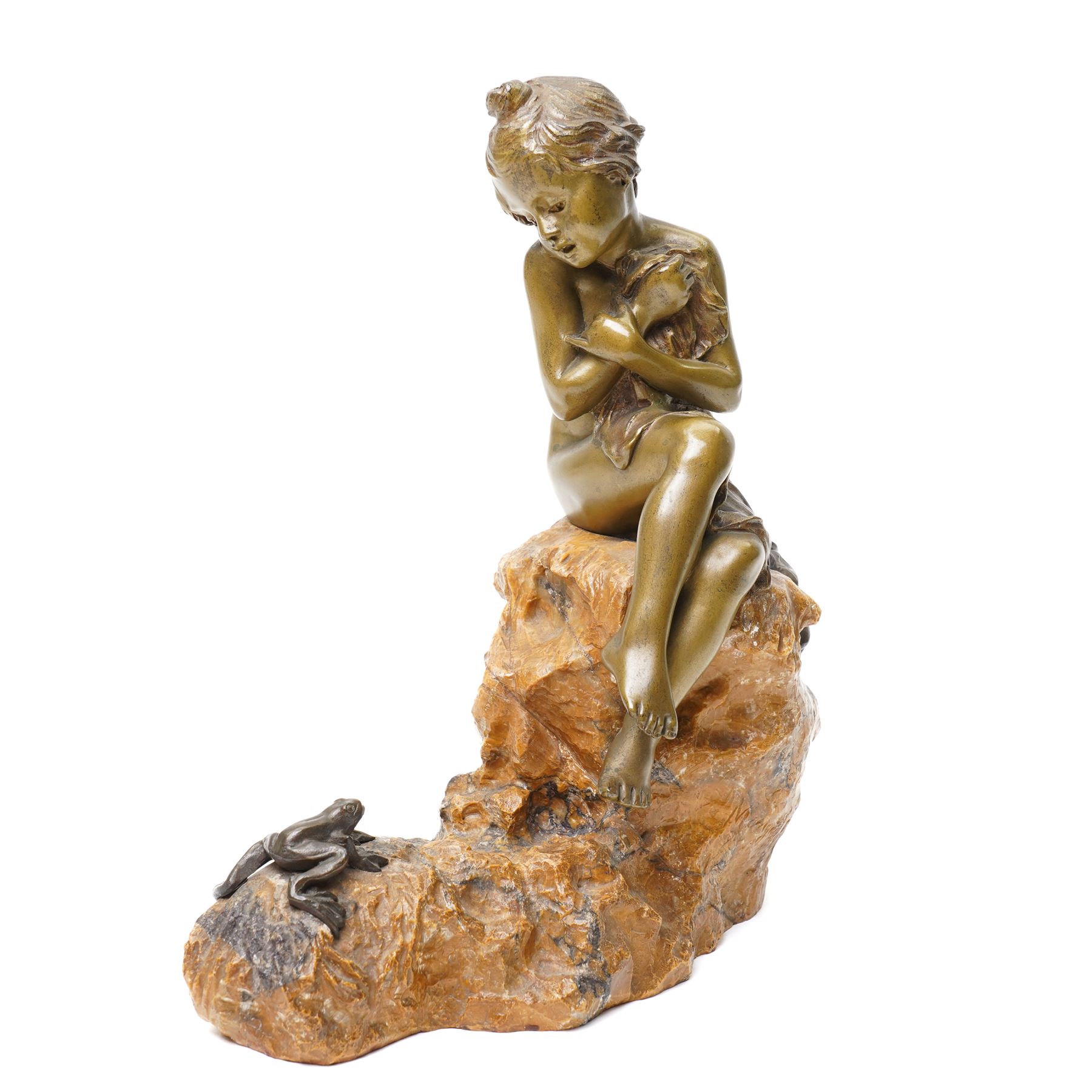 Attributed to Charlotte Monginot (French 1872-1934) - Bronze and marble figure of a child sitting on a rock ,a frog at her feet, signed H26cm x L19cm