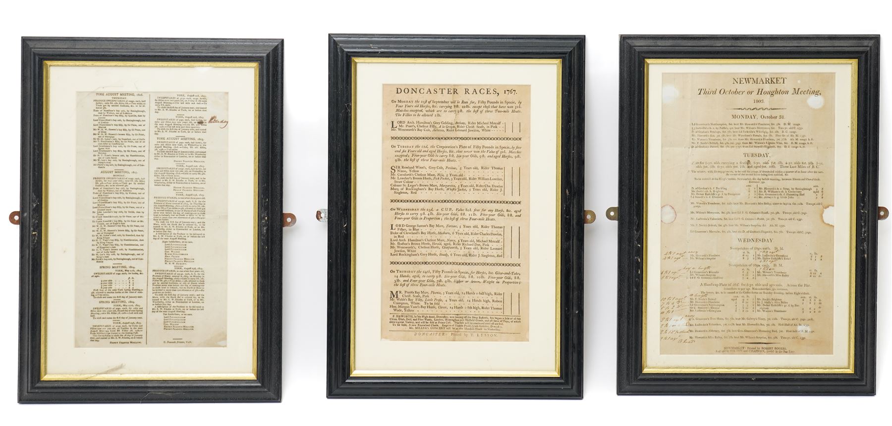 18th century double page handbill for 'Newmarket First Spring Meeting, April 1799' with list of runners and owners etc 31cm x 37cm framed, a single page bill 'Newmarket Third October or Houghton Meeting October 1803', another 'Doncaster Races September 1767' 30cm x 17cm, and another York August Meeting 1806 29cm x 17cm all framed (4) 
Provenance: property of a Nobleman