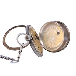 Silver pocket watch on silver plated chain, gold plated Garrard pocket watch with presentation engraving on reverse and one other