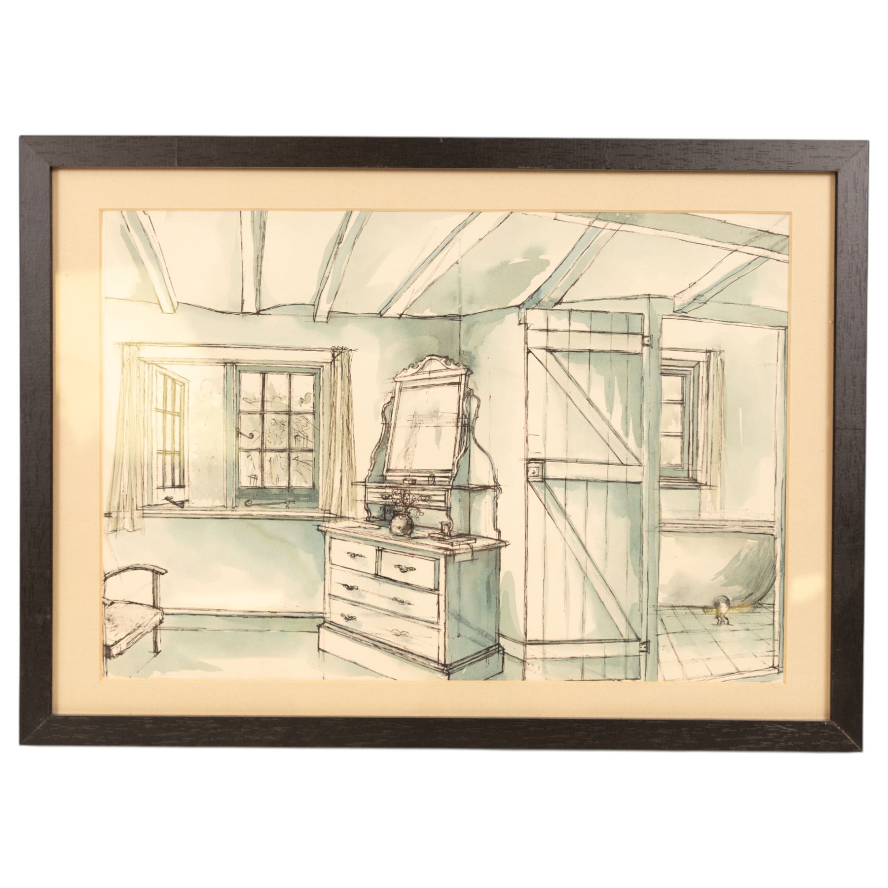 Jill Dickinson (British 20th Century): Interior Scenes, three ink and wash drawings, variously signed and dated '50, 26cm x 36cm (3)