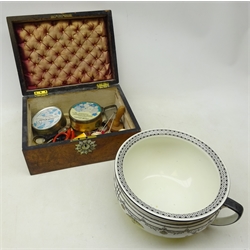  19th century walnut sewing box, the cover decorated with mother-of-pearl flower shaped inlay and escutcheon, L30cm x D22xm x H15cm, containing some later sewing accessories including cotton reels, thimbles,  tape measure, scissors etc and a Wedgwood Imperial Porcelain chamber pot   