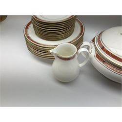 Royal Worcester Beaufort pattern tea and dinner wares, including seven dinner plates, eight side plates, thirteen dessert plates, six bowls, eight soup bowls, sauce boat on stand, cake plate, covered tureen, coffee pot, milk jug etc (51) 