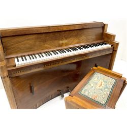 Art Deco Steck upright piano in walnut case with cross banding details and recoverable music stand (W190cm, D52cm, H97cm), together with matching style stool, lift lid seat upholstered in floral patterned fabric (W62cm, D44cm, H55cm)