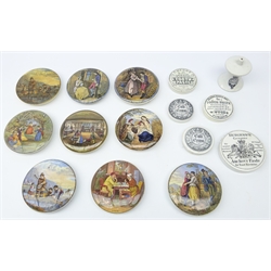  Nine 19th century Prattware pot lids 'A Pair' 'Charity', Father and Children Rock Pooling and other lids including Cherry Toothpaste, Caviar, The Gourmet Pie Cup etc (15)  