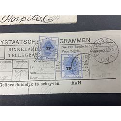 South Africa, Orange Free State, partial cover with one penny stamp cancelled with various postmarks 'Stopped By Censor Return To Sender' purple rectangular stamp and 'V R Opened Under Martial Law' pink slip and three telegrams with various stamp values