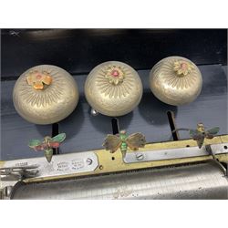 Swiss - 19th-century cylinder music box with three butterfly bells in sight, in a mahogany case with two separately boxed  6” cylinders, glazed viewing lid, 41 tooth comb (one tooth broken) crank key missing, movement untested.