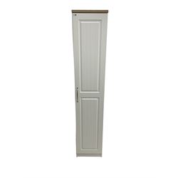 Oak and white finish tall narrow single wardrobe, fitted with shelves