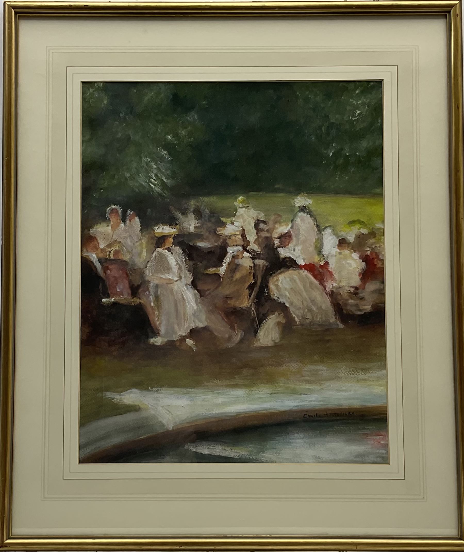 Emile Hoeterickx (Belgian 1853-1923): Fashionable Ladies in the Park, gouache and watercolour signed 46cm x 37cm